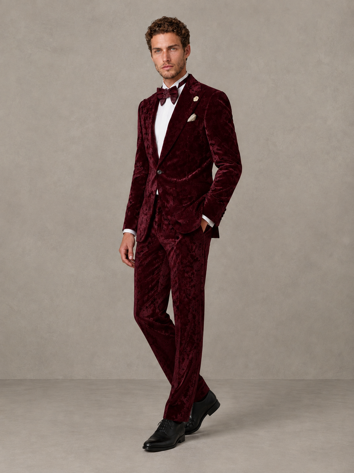Savile Men's Burgundy Crushed Velvet Peak Lapel 2-Piece Suit Set | Jacket & Trousers - Burgundy - Burgundy (3)