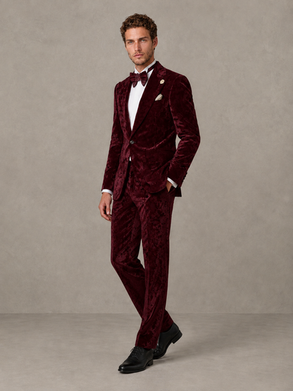 Savile Men's Burgundy Crushed Velvet Peak Lapel 2-Piece Suit Set | Jacket & Trousers - Burgundy - Burgundy (3)