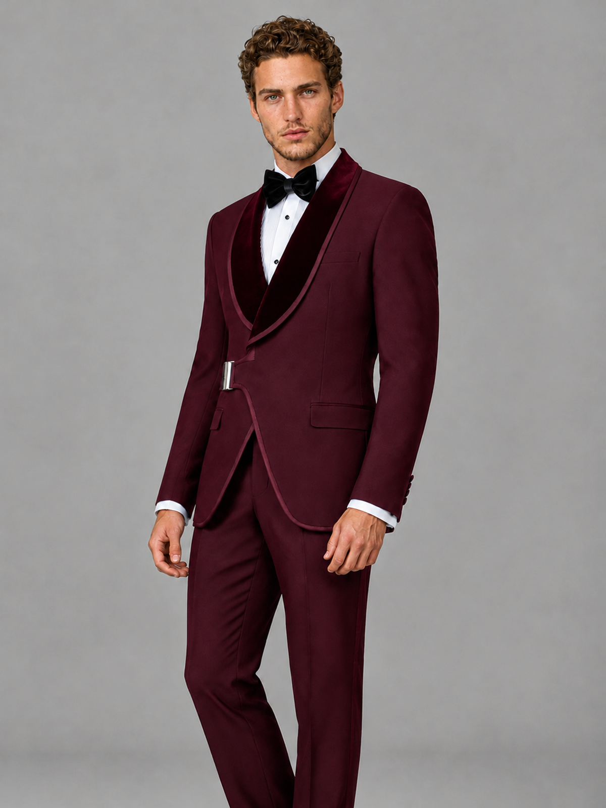 Savile Men's Burgundy Velvet Shawl Lapel Tuxedo Suit – Modern Side-Buckle Dinner Jacket & Trousers 2-Piece Set - Burgundy