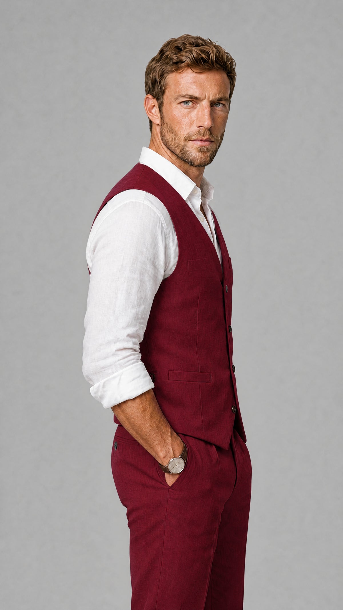 Men's Burgundy Linen Blend Single-Breasted V-Neck Suit Vest | Savile QX0101 - Burgundy