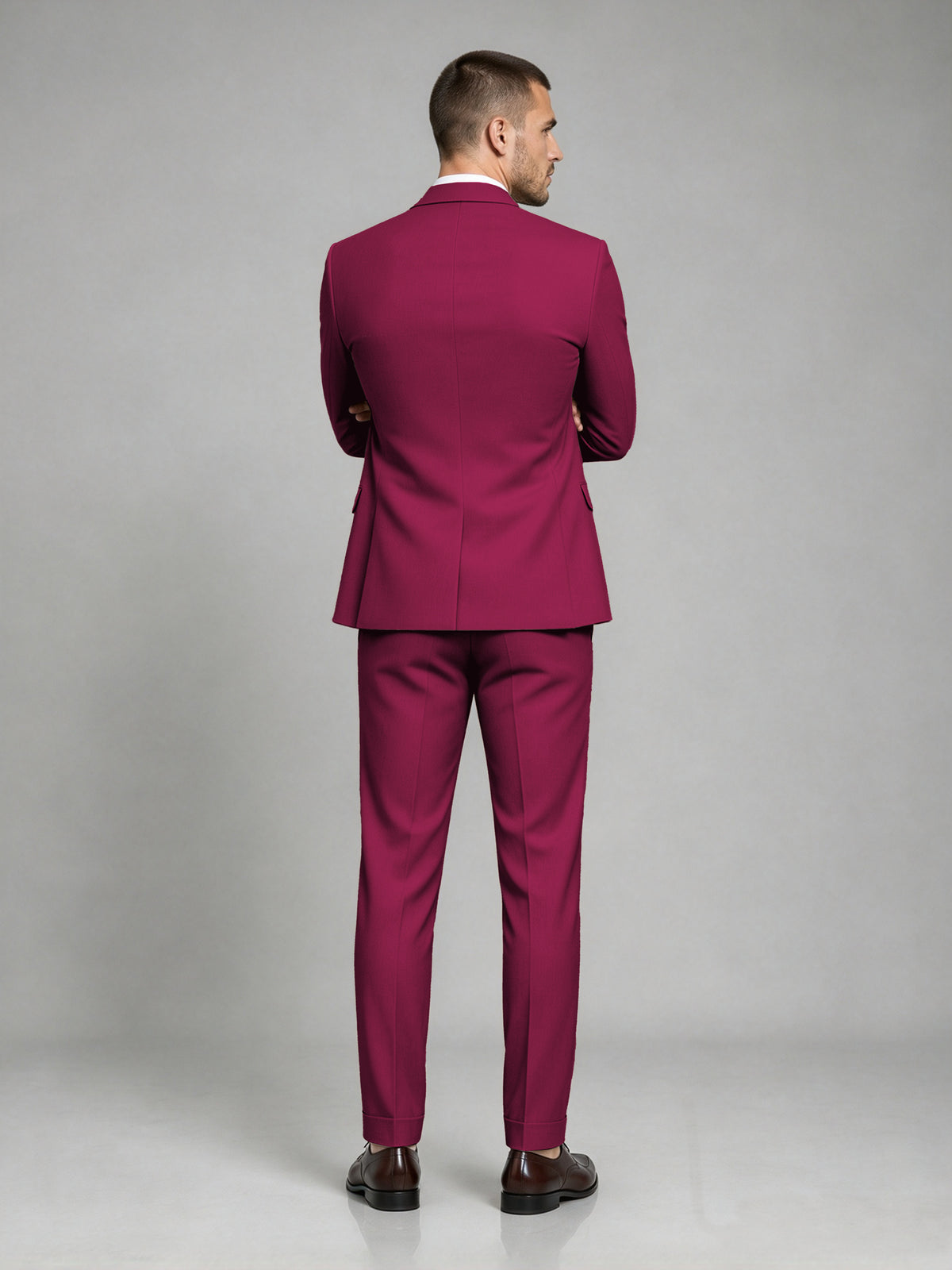 Savile Men's Dark Burgundy Wool-Blend 2-Piece Suit Set – Two-Button Notch Lapel Slim-Fit Blazer & Turn-Up Trousers - Burgundy