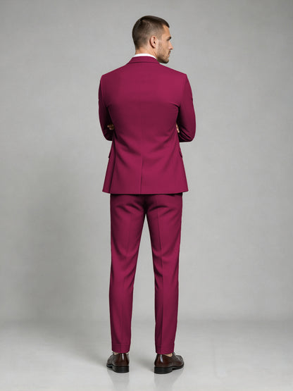 Savile Men's Dark Burgundy Wool-Blend 2-Piece Suit Set – Two-Button Notch Lapel Slim-Fit Blazer & Turn-Up Trousers - Burgundy