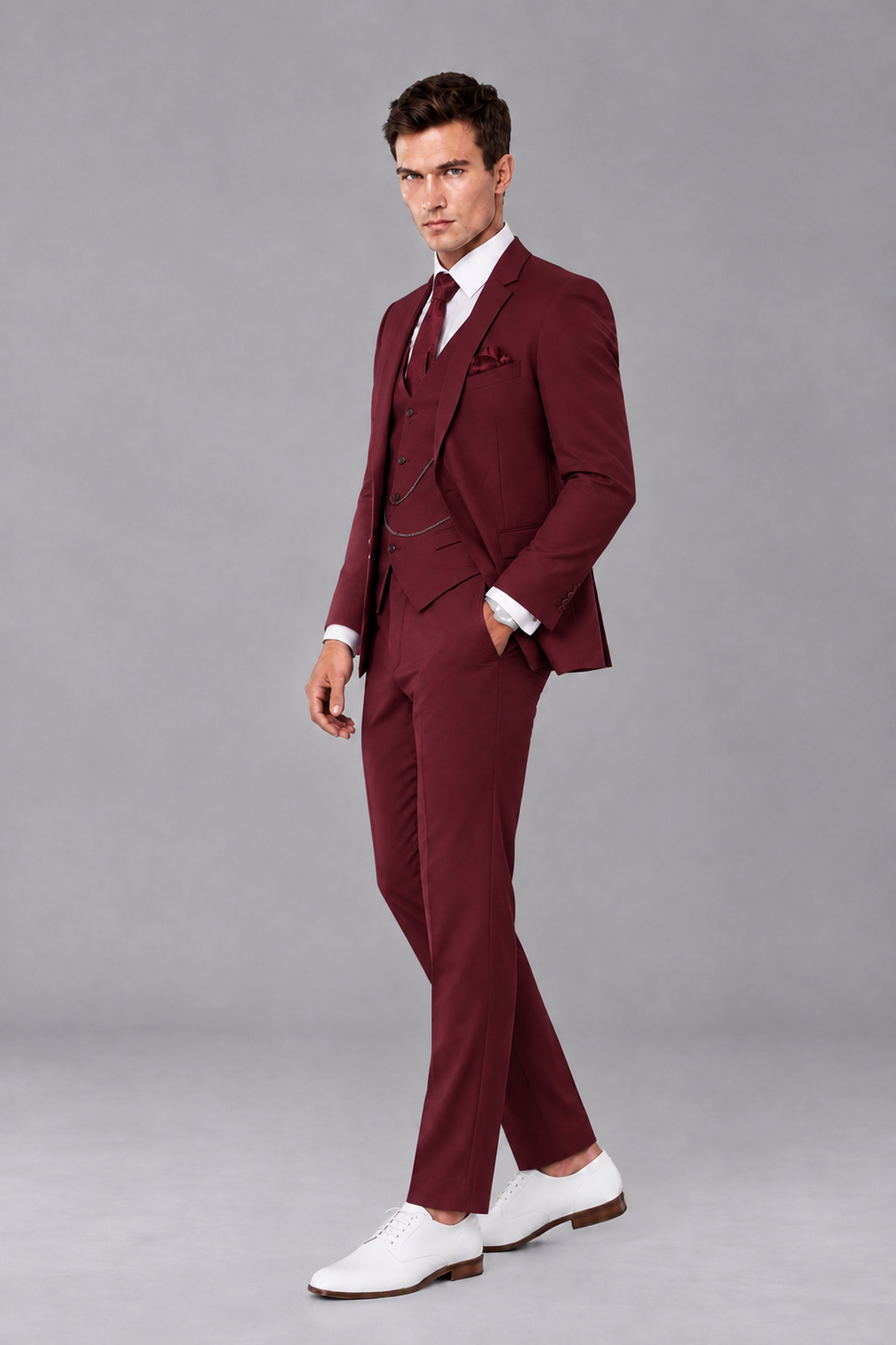 Savile Burgundy 3-Piece Suit with Notch Lapel & Chain Vest - Burgundy