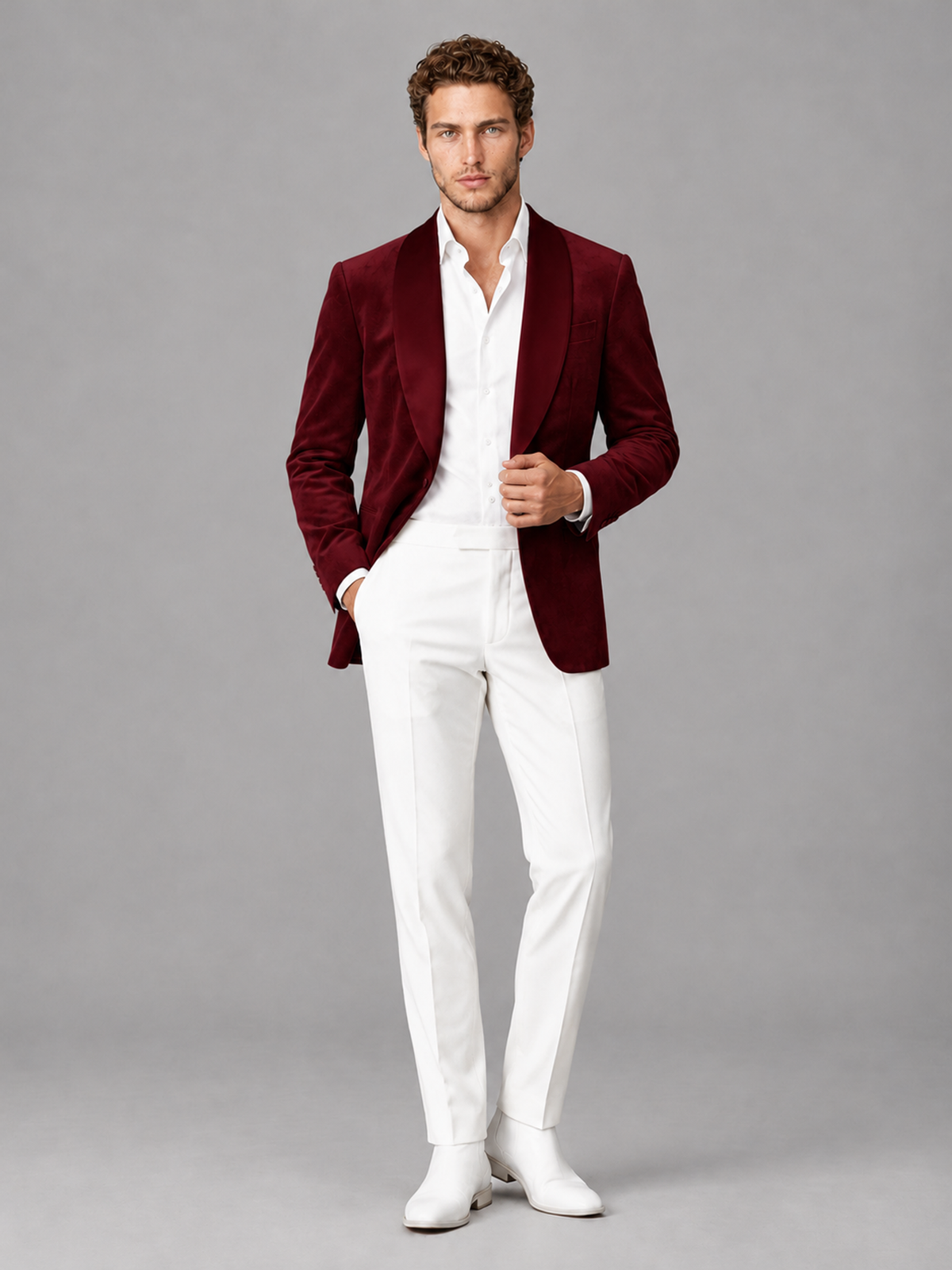 Savile Men's Burgundy Velvet Shawl Lapel 2-Piece Tuxedo Suit Set | Jacket & White Trousers - Burgundy - Burgundy (4)