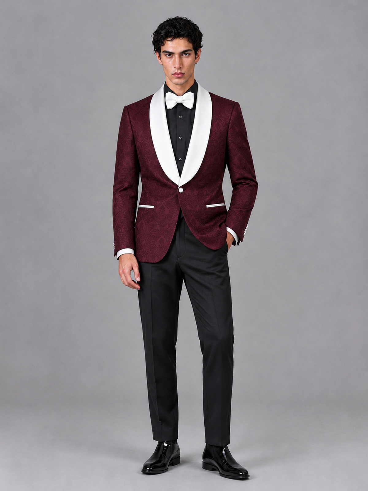 Savile Men's Burgundy Jacquard White Shawl Lapel 2-Piece Tuxedo Suit Set | Jacket & Trousers - Burgundy - Burgundy (4)