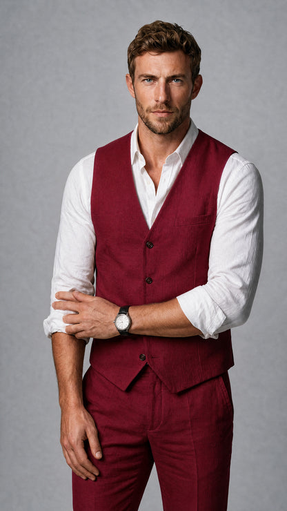 Men's Burgundy Linen Blend Single-Breasted V-Neck Suit Vest | Savile QX0101 - Burgundy