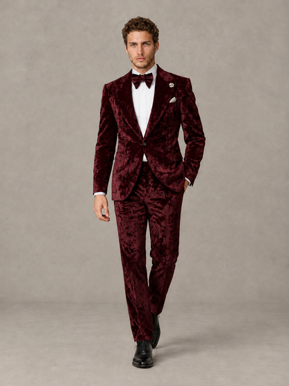 Savile Men's Burgundy Crushed Velvet Peak Lapel 2-Piece Suit Set | Jacket & Trousers - Burgundy - Burgundy (4)