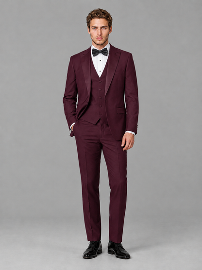 Savile Men's Burgundy Peak Lapel 3-Piece Tuxedo Suit | Jacket, Vest & Trousers - Burgundy