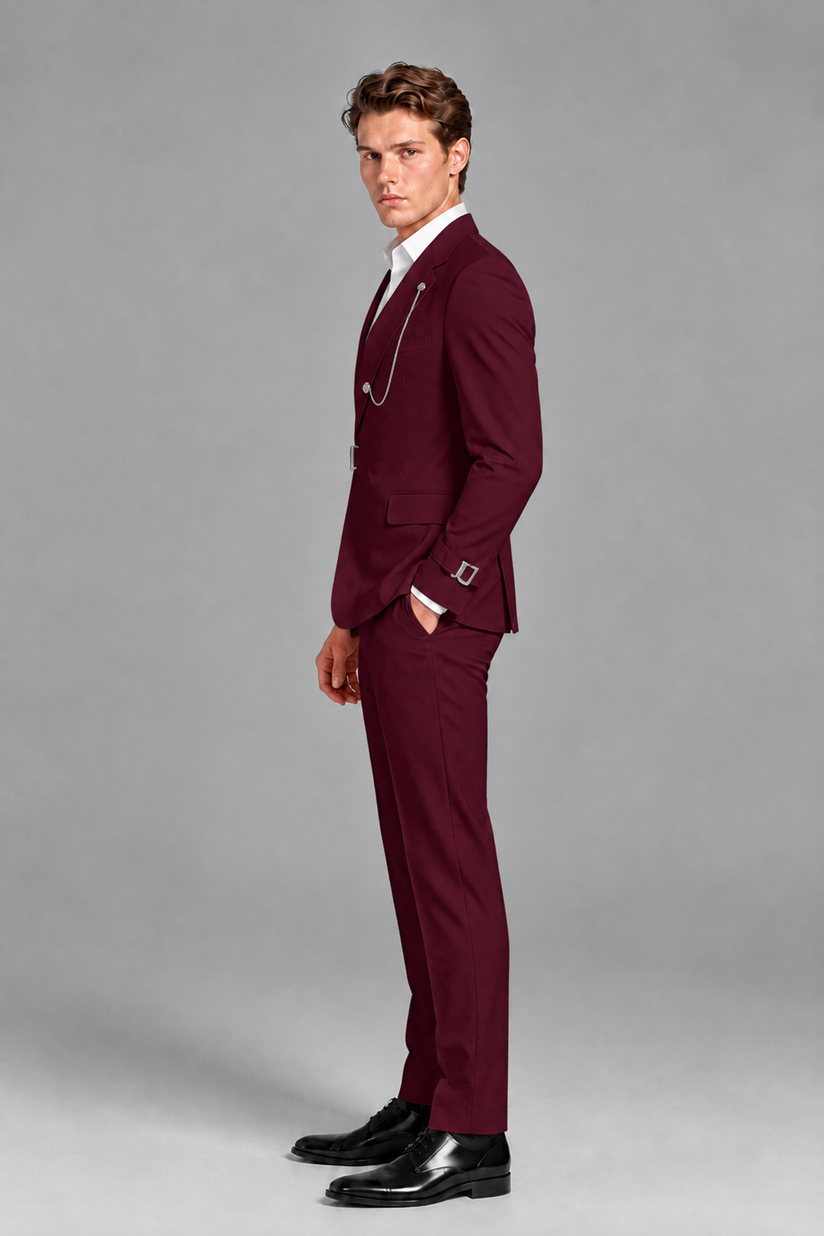 Savile Men's Burgundy Buckle-Closure 2-Piece Suit Set | Peak Lapel Blazer & Trousers - Burgundy