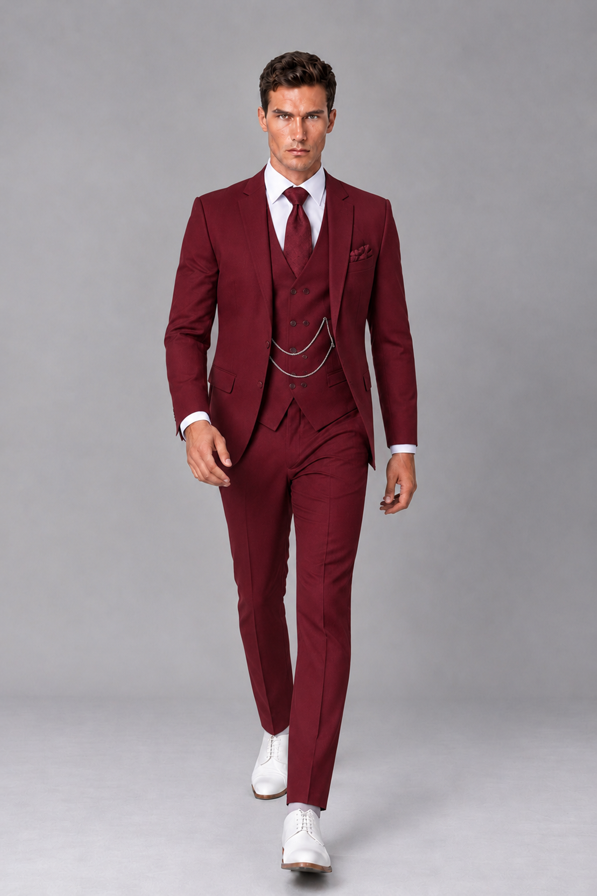 Savile Burgundy 3-Piece Suit with Notch Lapel & Chain Vest - Burgundy