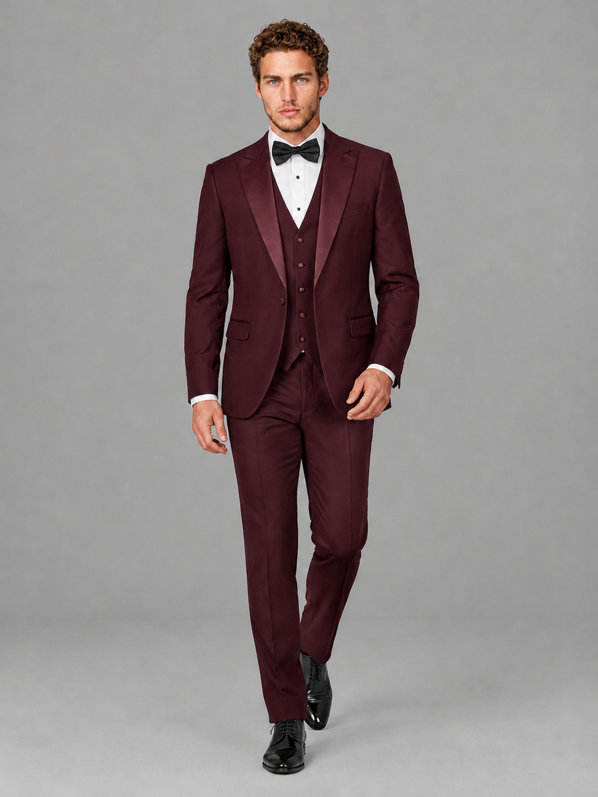 Savile Men's Burgundy Peak Lapel 3-Piece Tuxedo Suit | Jacket, Vest & Trousers - Burgundy