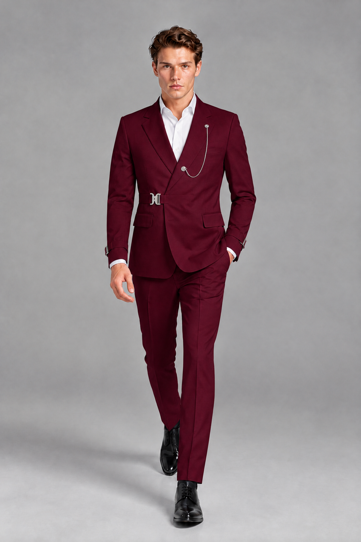 Savile Men's Burgundy Buckle-Closure 2-Piece Suit Set | Peak Lapel Blazer & Trousers - Burgundy