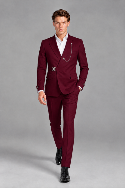 Savile Men's Burgundy Buckle-Closure 2-Piece Suit Set | Peak Lapel Blazer & Trousers - Burgundy