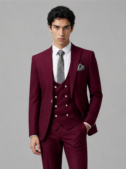 Men's Burgundy 3-Piece Suit Set – Jacket, Double-Breasted Vest & Trousers