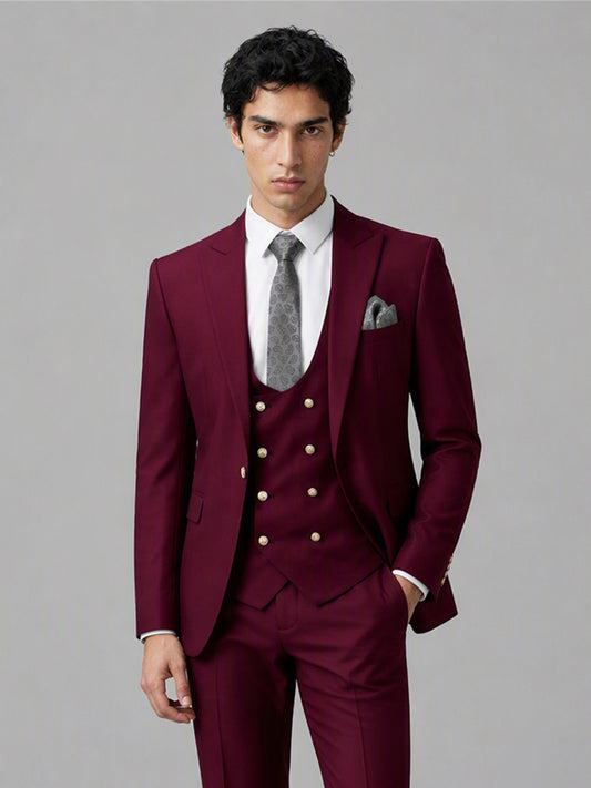 Men's Burgundy 3-Piece Suit Set – Jacket, Double-Breasted Vest & Trousers