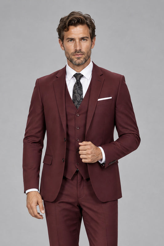 Savile Men's Burgundy 3-piece suit waist-up view highlighting the modern tailored fit and pocket details