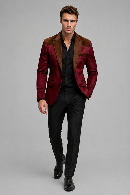 Men's Burgundy Velvet Contrast Blazer - Front Full Length | Savile AA0001