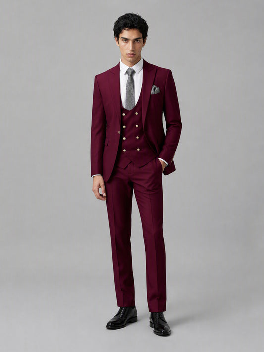 Men's Burgundy 3-Piece Suit Set – Jacket, Double-Breasted Vest & Trousers