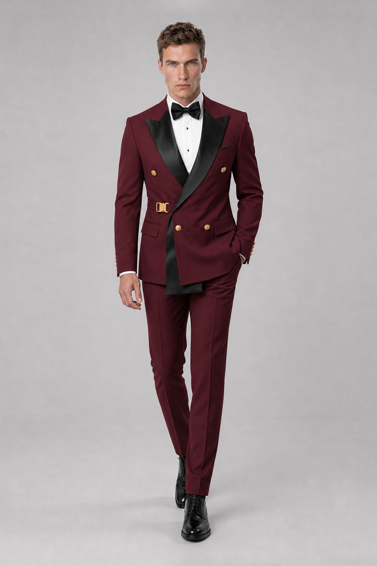 Savile burgundy two-piece formal suit full-length walking front view