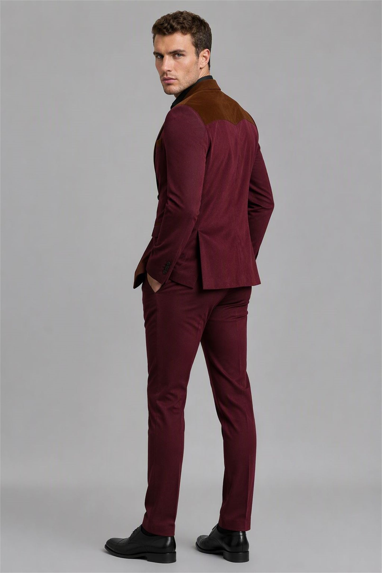 Men's Burgundy Velvet Contrast Blazer - Back View | Savile AA0001