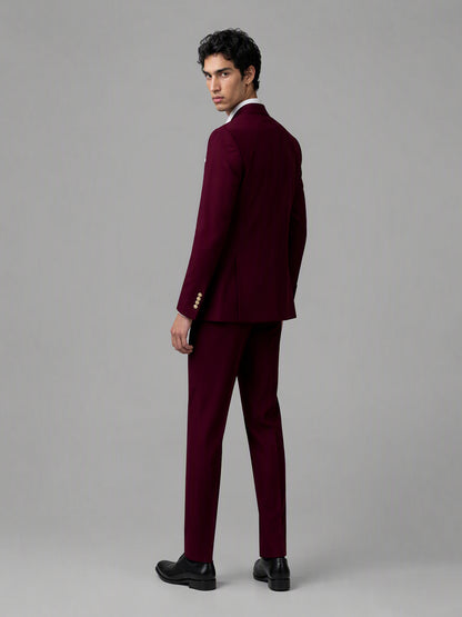 Men's Burgundy 3-Piece Suit Set – Jacket, Double-Breasted Vest & Trousers