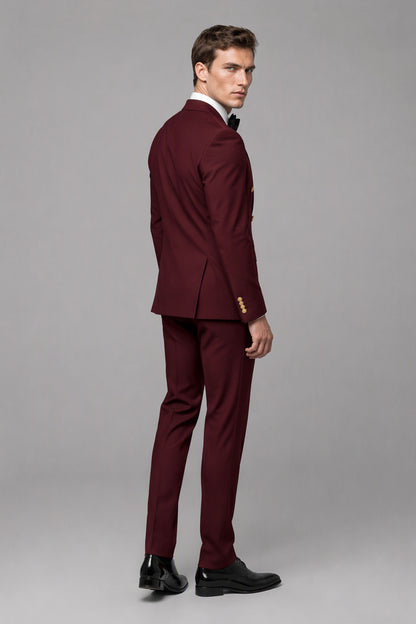 Rear three-quarter view of Savile burgundy suit jacket and matching trousers