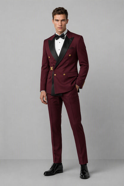 Savile burgundy two-piece men's suit full front view with matching trousers and black peak lapels