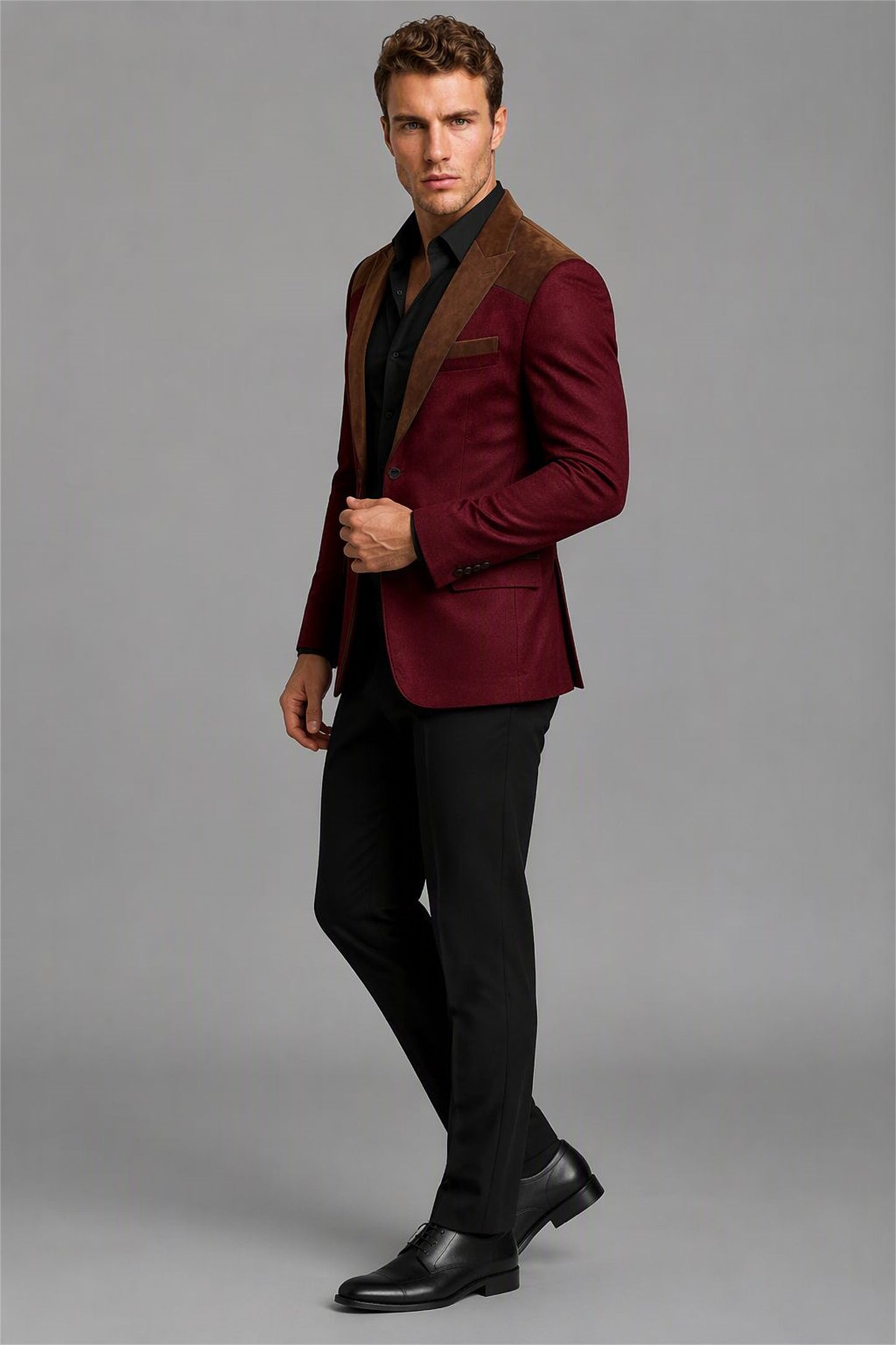 Men's Burgundy Velvet Contrast Blazer - Three-Quarter View | Savile AA0001
