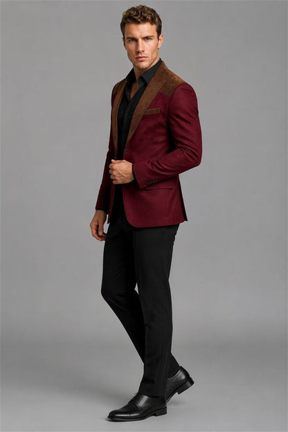 Men's Burgundy Velvet Contrast Blazer - Three-Quarter View | Savile AA0001