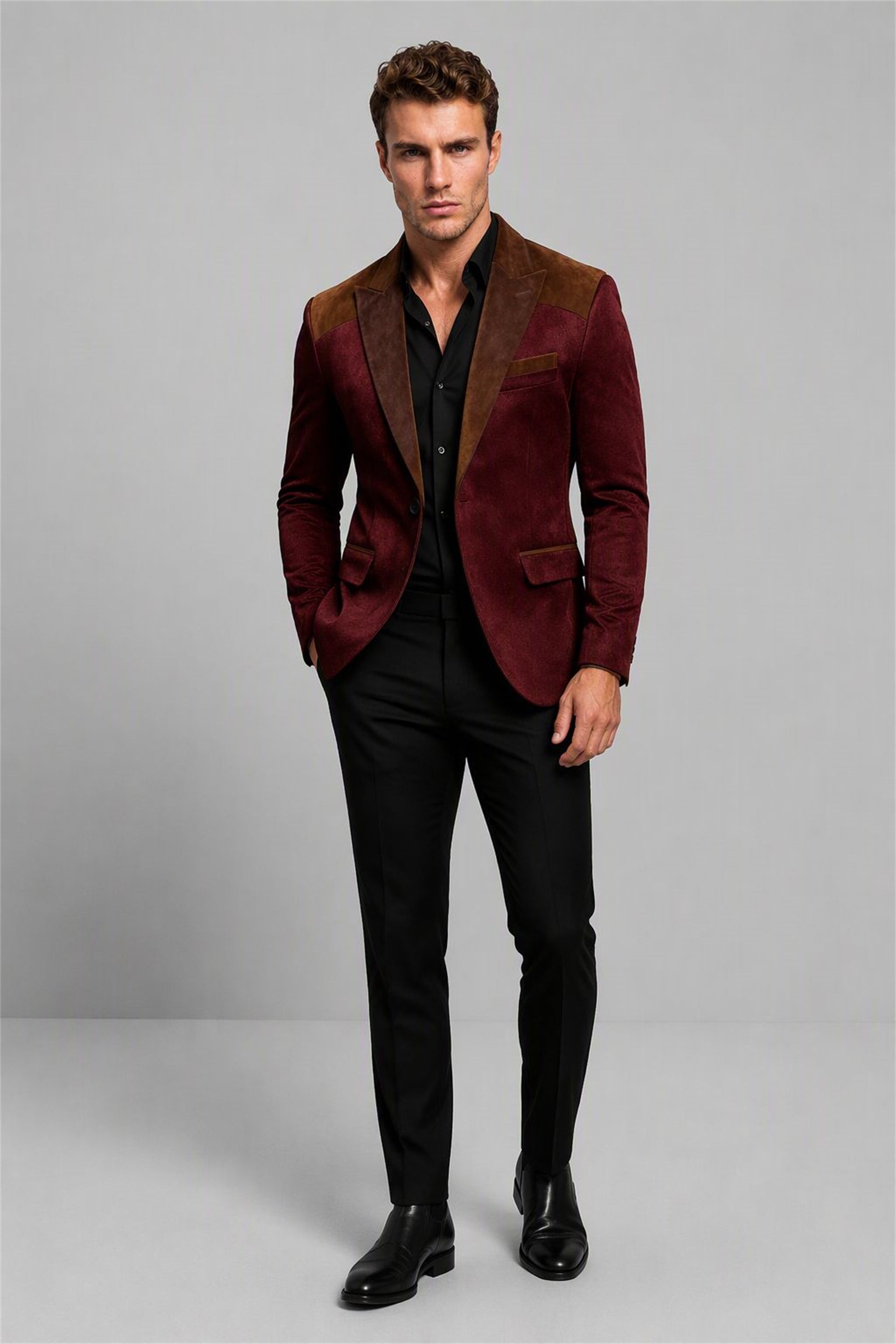 Men's Burgundy Velvet Contrast Blazer - Walking Full Length | Savile AA0001
