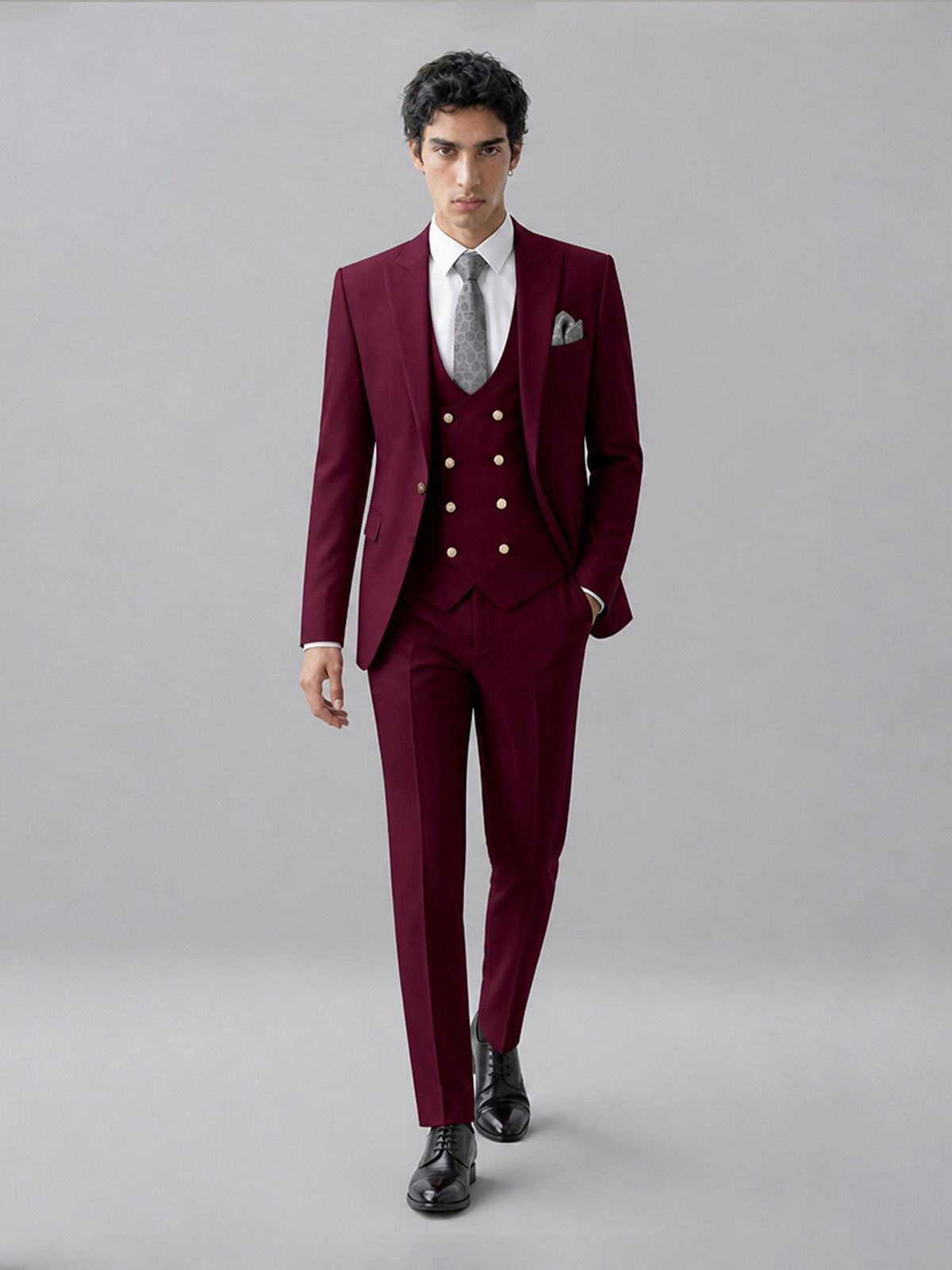 Men's Burgundy 3-Piece Suit Set – Jacket, Double-Breasted Vest & Trousers