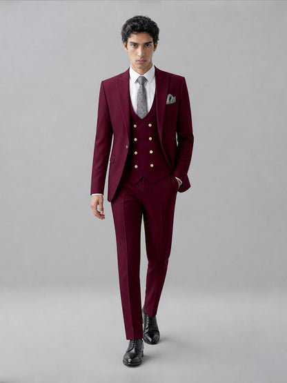 Men's Burgundy 3-Piece Suit Set – Jacket, Double-Breasted Vest & Trousers
