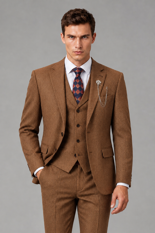 Savile Men's Grey Notch Lapel 3-Piece Suit Set | Jacket, Vest & Trousers - Burnt Orange - Burnt Orange