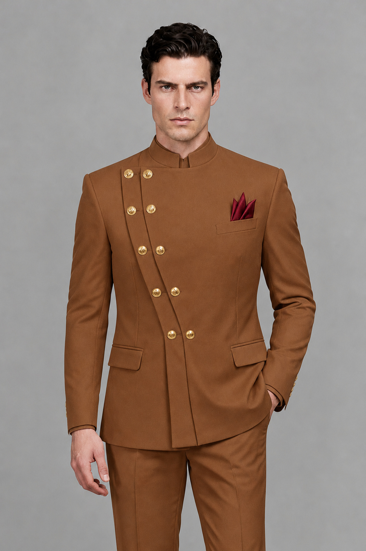 BOLODOO Men's Burnt Orange Asymmetrical Mandarin Collar Tuxedo Suit – Modern 2-Piece Gold Button Wedding, Prom & Gala Set - Burnt Orange - Burnt Orange_01
