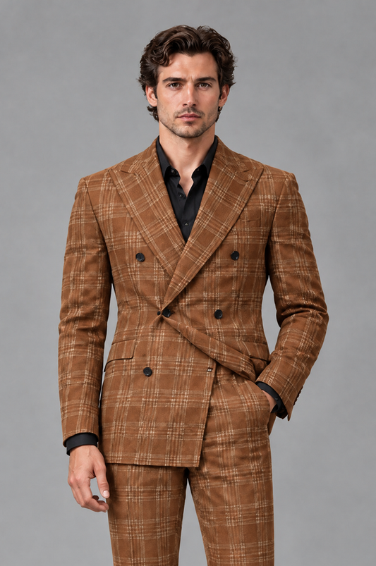 Savile Men's Rust Plaid 2-Piece Double-Breasted Suit – Peak Lapel Slim-Fit Jacket & Trousers Set - Burnt Orange - Burnt Orange