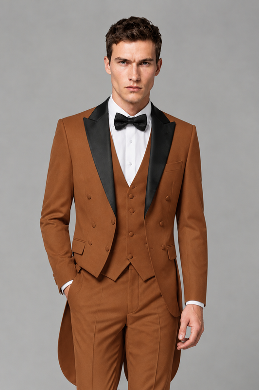 Savile Burnt Orange 3-Piece Tailcoat Tuxedo Suit with Black Peak Lapel - Burnt Orange - Burnt Orange_01