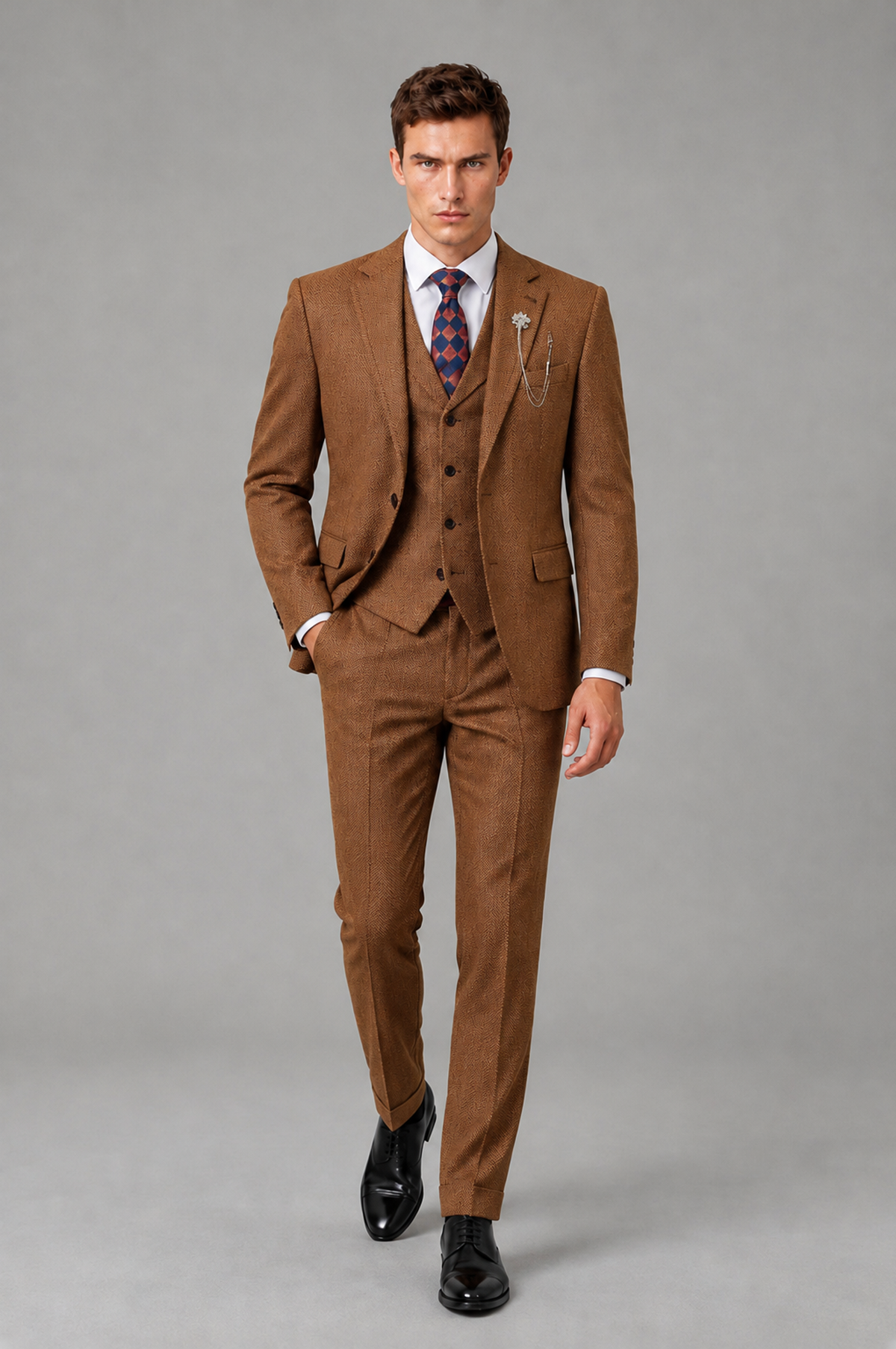 Savile Men's Grey Notch Lapel 3-Piece Suit Set | Jacket, Vest & Trousers - Burnt Orange - Burnt Orange