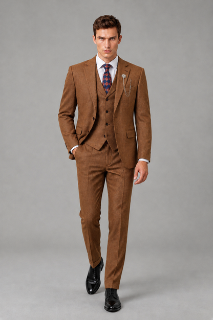 Savile Men's Grey Notch Lapel 3-Piece Suit Set | Jacket, Vest & Trousers - Burnt Orange - Burnt Orange