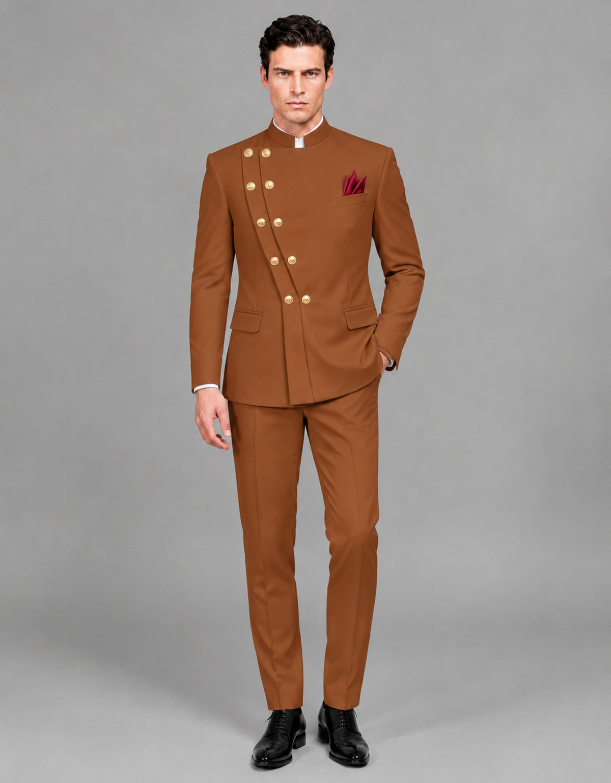 BOLODOO Men's Burnt Orange Asymmetrical Mandarin Collar Tuxedo Suit – Modern 2-Piece Gold Button Wedding, Prom & Gala Set - Burnt Orange - Burnt Orange_02
