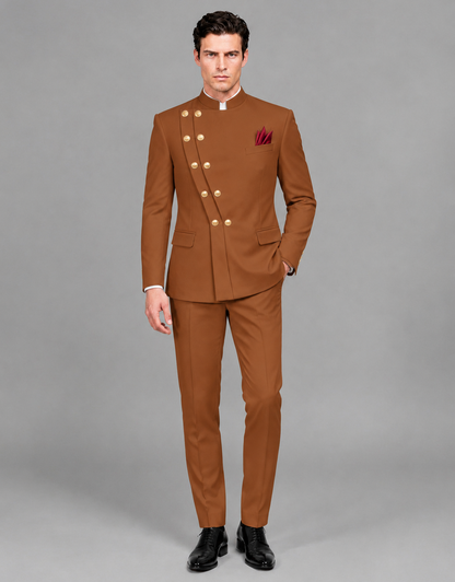 BOLODOO Men's Burnt Orange Asymmetrical Mandarin Collar Tuxedo Suit – Modern 2-Piece Gold Button Wedding, Prom & Gala Set - Burnt Orange - Burnt Orange_02