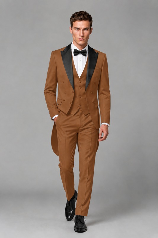 Savile Burnt Orange 3-Piece Tailcoat Tuxedo Suit with Black Peak Lapel - Burnt Orange - Burnt Orange_02