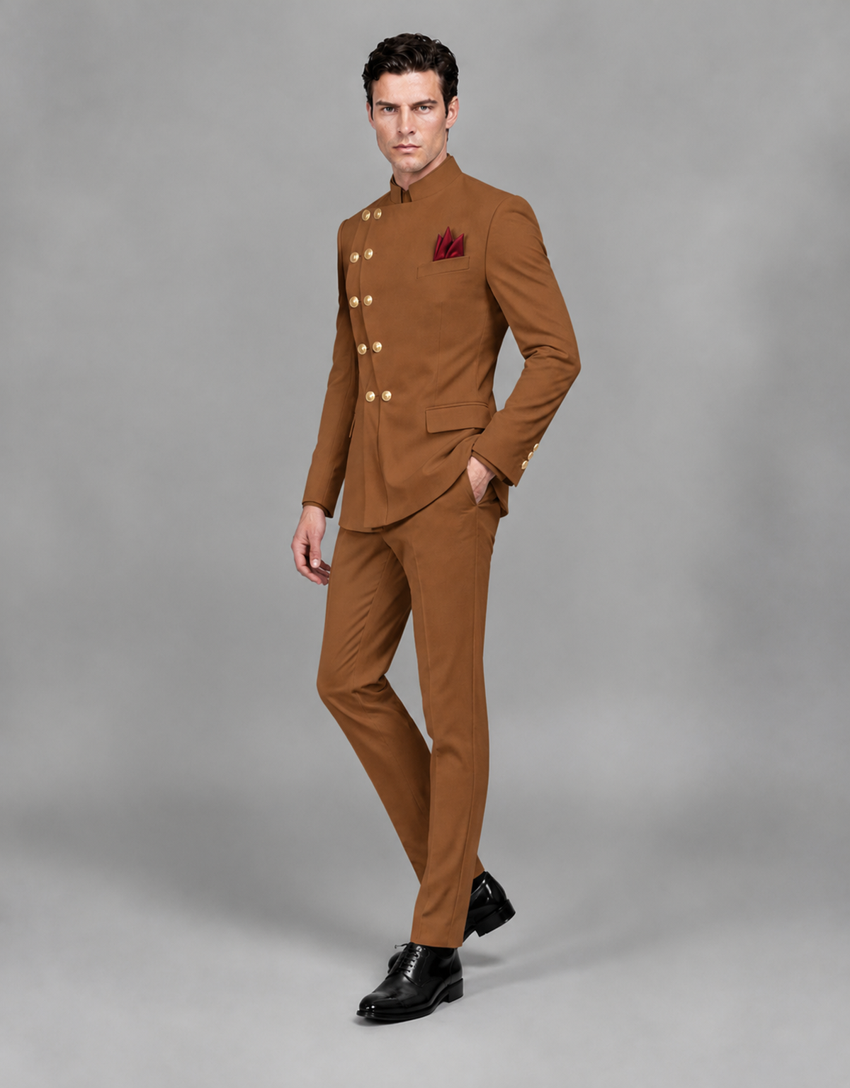 BOLODOO Men's Burnt Orange Asymmetrical Mandarin Collar Tuxedo Suit – Modern 2-Piece Gold Button Wedding, Prom & Gala Set - Burnt Orange - Burnt Orange_04