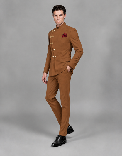 BOLODOO Men's Burnt Orange Asymmetrical Mandarin Collar Tuxedo Suit – Modern 2-Piece Gold Button Wedding, Prom & Gala Set - Burnt Orange - Burnt Orange_04