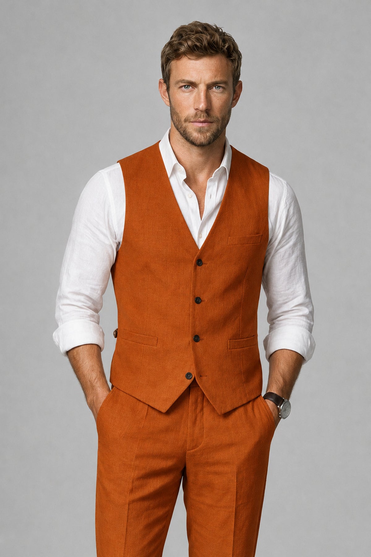 Men's Burnt Orange Linen Blend Single-Breasted V-Neck Suit Vest | Savile QX0101 - Burnt Orange