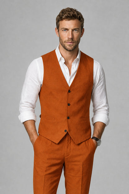 Men's Burnt Orange Linen Blend Single-Breasted V-Neck Suit Vest | Savile QX0101 - Burnt Orange