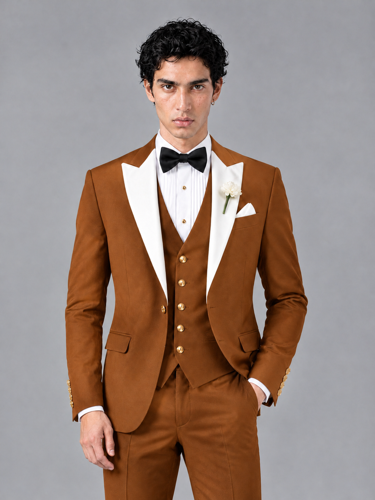 Savile Men's Burnt Orange Contrast White Peak Lapel 3-Piece Tuxedo Suit - Burnt_Orange