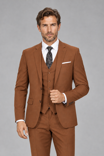 Savile Men's Burnt Orange 3-Piece Suit Set – Notch Lapel Blazer, Vest & Trousers - Burnt Orange - Burnt_Orange_1
