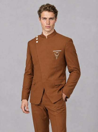 Savile Men's Burnt Orange Mandarin Collar Asymmetrical 2-Piece Suit Set – Modern Jacket & Trousers - Burnt Orange - Burnt Orange_1