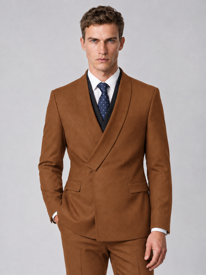 Savile Men's Burnt Orange Wrap Shawl Lapel 2-Piece Suit Set – Modern Jacket & Trousers - Burnt Orange - Burnt Orange_1