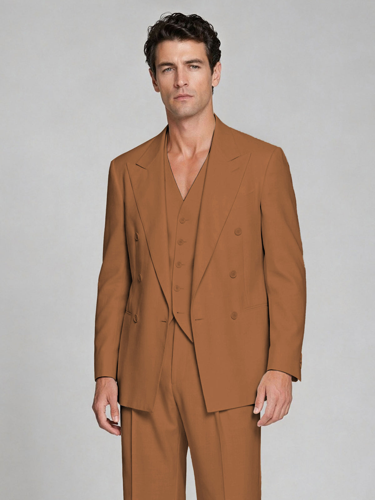Men's Burnt Orange Double-Breasted 2-Piece Suit – Peak Lapel Wedding & Beach Formal Set with Vest - Burnt Orange